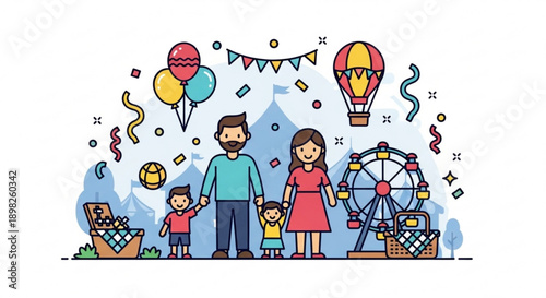 Happy family with kids enjoying fairground fun and rides on a sunny day outdoors