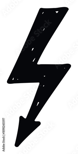 Hand drawn black lightning bolt icon representing electricity, energy, danger, and speed, useful for warning signs, power indicators, and energetic visual communications.