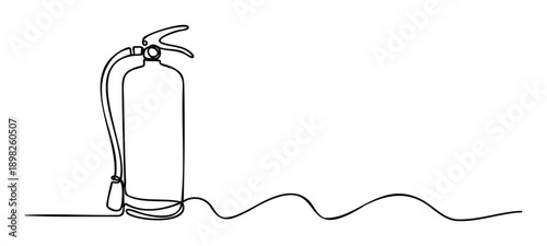 Simple continuous line drawing of a fire extinguisher, symbolizing immediate readiness for safety measures and fire protection, suitable for public awareness and educational presentations.