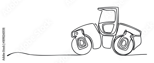 Continuous single line drawing of a heavy road roller machine used for construction and road building, ideal for engineering company branding and industrial advertisements