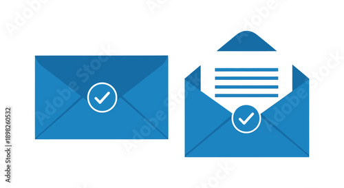 Digital email confirmation process illustrated with two blue envelopes and checkmarks
