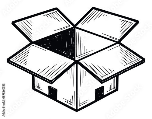 Hand drawn doodle sketch of an open cardboard delivery box with flaps extended perfect for packaging shipping moving or gift presentation projects and concepts