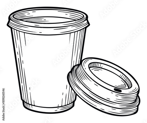 Black and white outline drawing of a disposable coffee cup with a separate lid, ideal for cafe menus, beverage packaging, or restaurant advertisements.
