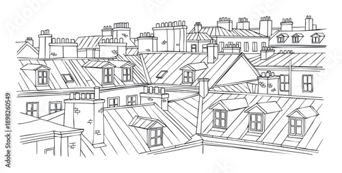 Detailed monochrome line drawing of a dense city skyline showcasing many rooftops, chimneys, and dormer windows, perfect for architectural study, graphic design, and coloring activities