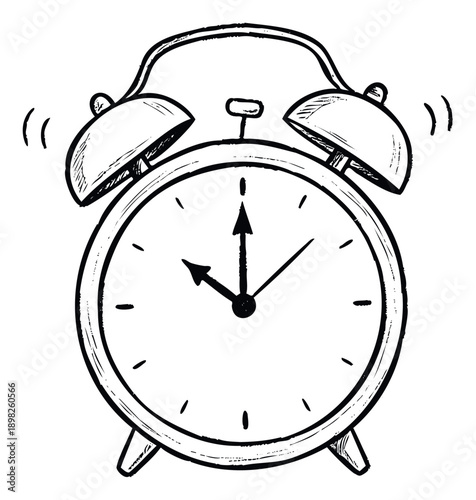 Hand drawn black and white vintage alarm clock ringing at ten oclock with ringing sound waves for concepts of morning wake up and urgency