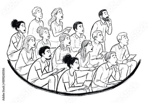 A group of diverse attendees in a seminar or lecture attentively observing and listening, perfect for educational content, business training, and event presentations