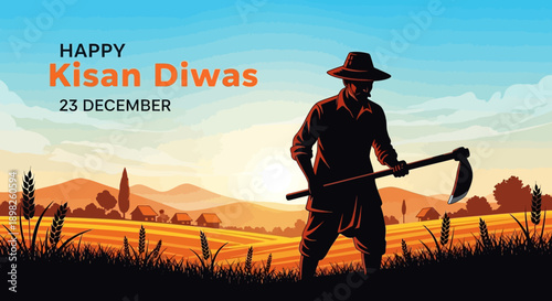 Farmer holding agricultural tool in field.