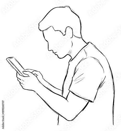 Young man focused on his portable device, actively using a smartphone or tablet for communication, social media, or work related tasks, ideal for technology and lifestyle content