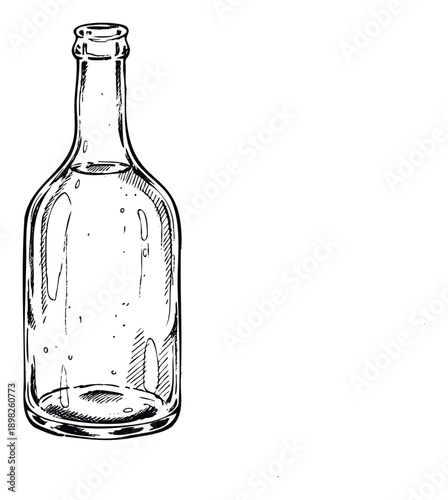 Hand drawn empty glass bottle in a sketch style suitable for vintage drink packaging designs, ecofriendly product branding, or graphic projects requiring a rustic aesthetic.