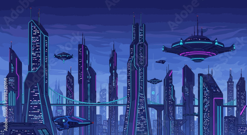 Futuristic Cityscape with Skyscrapers and Flying Vehicles.