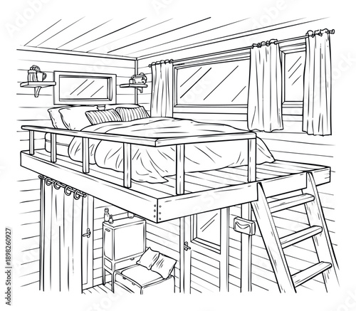 Cozy compact living space with a comfortable loft bed and small reading nook perfect for demonstrating efficient home organization and comfortable interior design concepts