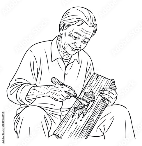 A skilled senior artisan meticulously carves intricate designs into a wooden plank, showcasing traditional craftsmanship and focused dedication, ideal for educational content or cultural