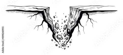 Hand drawn black and white illustration of a ground cracking and falling apart, forming a deep chasm with rocks tumbling down, perfect for geological disaster concepts or environmental