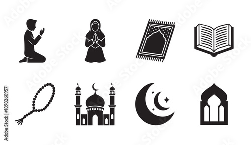 Islamic Icons: Prayer, Mosque, Quran, Moon, Rosary, Prayer Mat, Stock Media