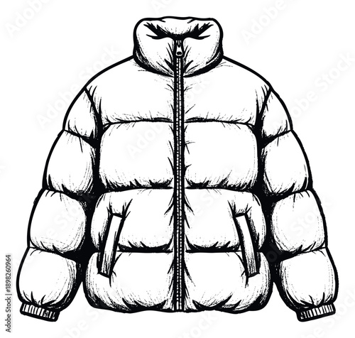 Monochrome hand drawn graphic of a warm winter outerwear coat featuring a full length zipper and puffed segments, suitable for apparel catalogs and winter apparel branding materials.