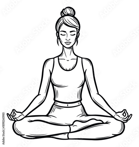 Calm woman practicing yoga and meditation in a traditional seated pose, ideal for illustrating wellness programs, mental health content, and lifestyle blogs