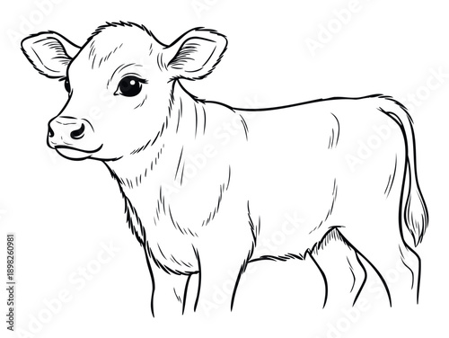 Adorable baby calf line drawing standing calmly, perfect for childrens books, farm animal themes, or educational materials needing a sweet, simple animal graphic