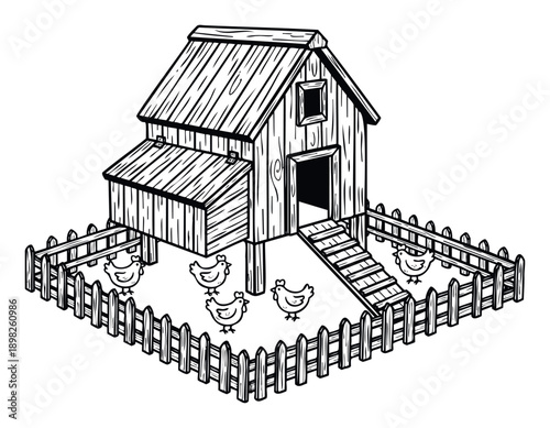 Classic farmhouse wooden chicken coop with a fenced enclosure and several lively hens, perfect for agricultural guides, educational content, or country living publications.