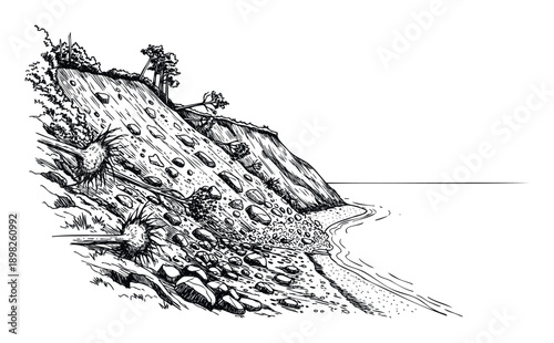 Black and white hand drawn depiction of a coastal cliff undergoing significant erosion and landslide with trees falling into the sea, suitable for geology, environmental studies, and