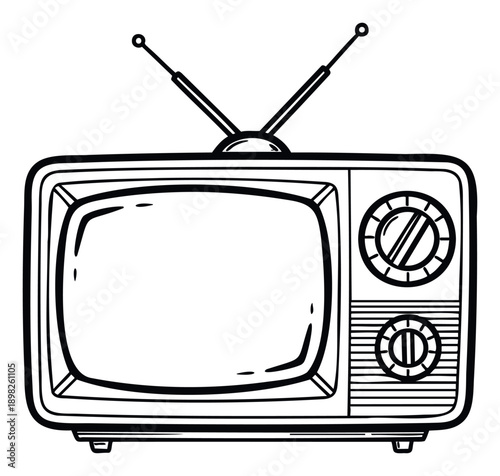 A traditional vintage television receiver with rabbit ear antennas, reflecting classic broadcasting and oldschool entertainment, perfect for media history graphics and nostalgic digital