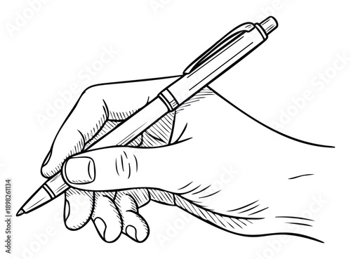 Human hand holding a writing pen ready to sign a document or take notes, perfect for educational materials, business presentations, or stationery related publications.