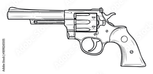 Classic revolver outline illustration ready for print on various merchandise, educational materials, or graphic projects requiring a vintage weapon drawing.