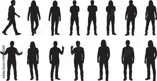 Silhouettes of men and women arranged in two rows, diverse human figures with different gestures and stances representing individuality, posture, and social diversity illustration