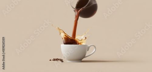 The Coffee Cup with Splashing Dark Brew Being Poured into White Ceramic Cup