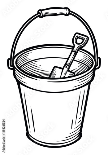 A sturdy utility bucket containing a small hand shovel, useful for various gardening tasks, sand play, or construction site illustrations.