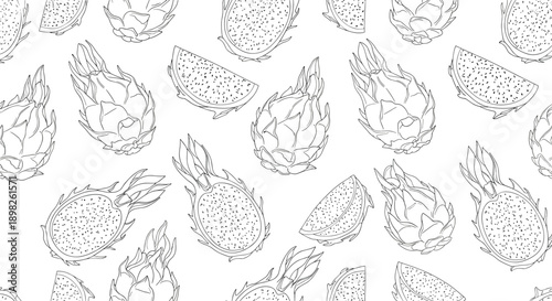 Seamless pattern of exotic dragon fruit and pitaya slices in a hand-drawn black and white outline style for a tropical background.