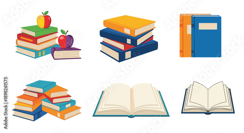 Collection of book illustrations including colorful stacks open books and textbooks for education library and reading-themed projects.