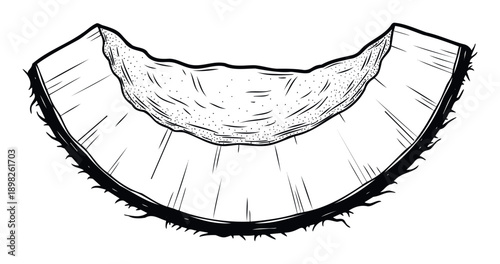 A graphic depiction of a fresh coconut half, showcasing its fibrous outer shell and sweet edible flesh, perfect for food packaging, recipe books, or tropical beverage labels