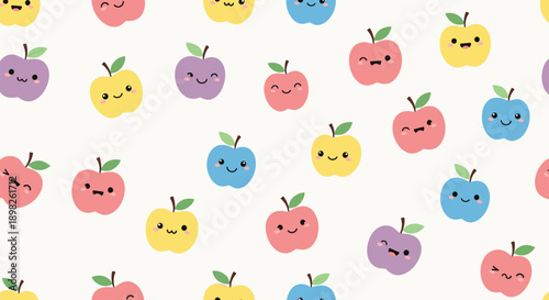 Seamless pattern with adorable kawaii apple characters in various colors and cute facial expressions for a fun and fruity background.