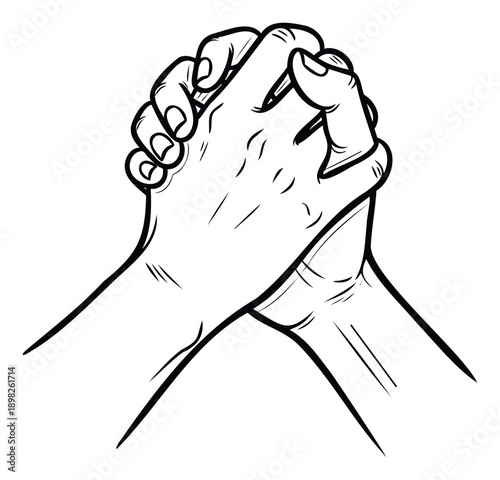 A simple graphic representation of two human hands clasped firmly together, conveying feelings of solidarity, hope, support, and friendship, useful for various emotional and relational