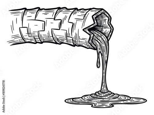 Engraved corrugated pipe pouring thick dark liquid creating a viscous puddle, perfect for illustrating industrial waste, energy leaks, or environmental damage in commercial graphics and