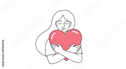 Minimalist line art illustration of a woman with long hair hugging a large heart representing self-love self-care and acceptance.