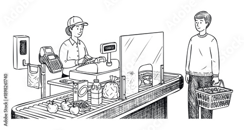 A supermarket cashier works at the checkout with a customer and groceries, featuring a payment terminal and safety barrier, suitable for illustrating shopping and retail concepts.