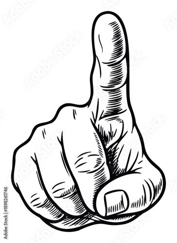 Stylized black and white drawing of a human hand with the index finger raised upwards conveying direction or the number one for use in signage or conceptual graphics