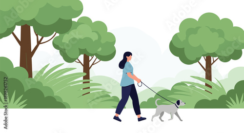 Young woman enjoying a peaceful walk with her dog on a leash in a minimalist green park landscape with trees and bushes vector.
