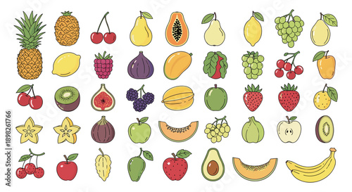Large collection of colorful hand-drawn fruits and berries with a rustic texture including pineapple apple and grapes for healthy eating.