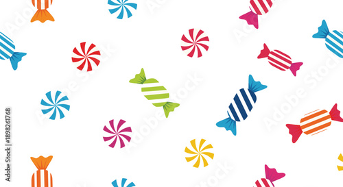 Seamless pattern of colorful wrapped sweets and peppermint candies scattered on a white background for a fun party or holiday design.