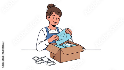 Young woman packaging products in a cardboard box, suitable for illustrating ecommerce order fulfillment, shipping services, or small business operations