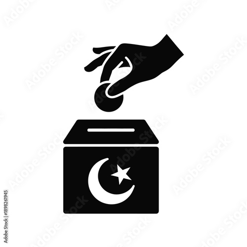 A hand putting a coin into a charity box with a crescent moon and star symbol