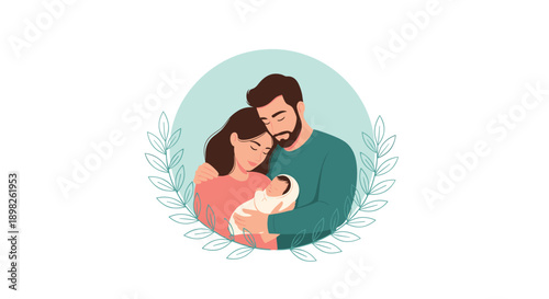 Tender portrait of a happy young family with a mother and father lovingly holding their newborn baby inside a decorative circle.
