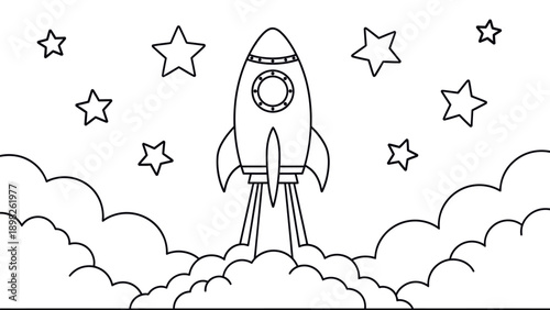 Simple outline drawing of a spaceship taking off surrounded by scattered stars and smoke clouds, perfect for childrens coloring books or educational materials
