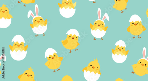 Cute seamless pattern for Easter with adorable yellow chicks hatching from eggs and wearing funny bunny ears on a blue background.