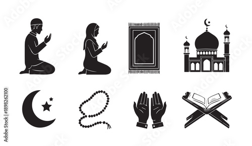 Islamic Prayer Icons: Mosque, Praying Figures, Quran, Prayer Mat, Beads, Crescent Moon