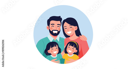 Happy family portrait of a smiling mother father and two cute daughters hugging each other inside a circular frame illustration.