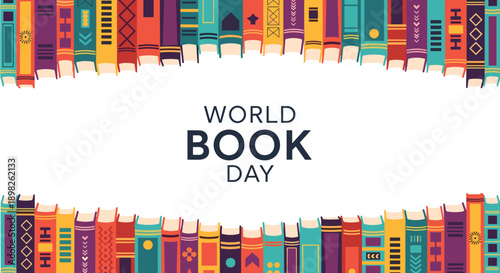 World book day banner with colorful book spines creating a top and bottom border around the central text on a white background.