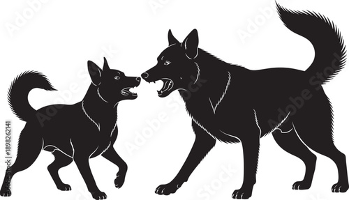 Silhouette of two dogs facing each other with open mouths, dynamic posture suggesting barking or growling, animal interaction, confrontation, communication, domestic canine behavior 
